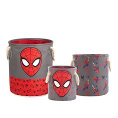 three buckets with spider - man designs on them, one is grey and the other is red