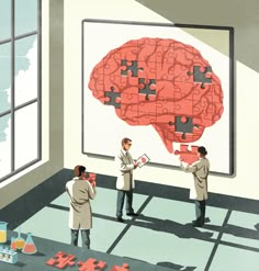 two men in lab coats are looking at a puzzle piece on a large wall with a red brain