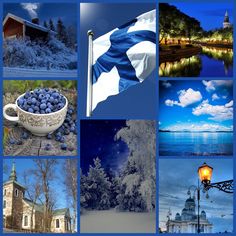 a collage of pictures with blue and white colors