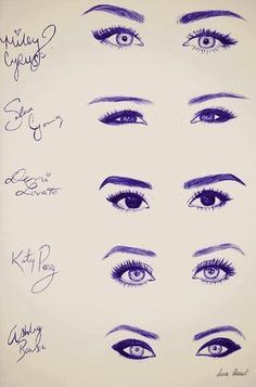 various types of eyes drawn in blue ink