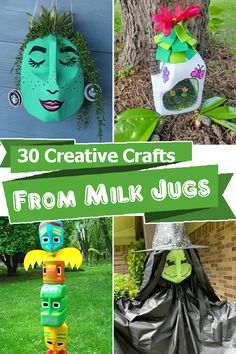 some crafts that are made from milk jugs and other items in front of a tree