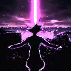 the silhouette of a person standing in front of a purple light with his arms outstretched