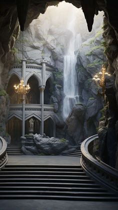 an artistic scene with stairs leading to a waterfall