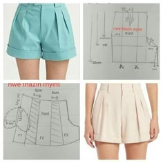 the pattern for shorts is shown in three different pictures, and there are instructions to sew them