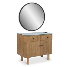 a wooden cabinet with a mirror above it