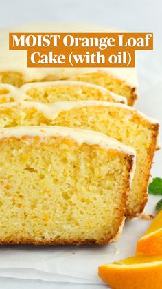 slices of orange pound cake with icing next to an orange slice