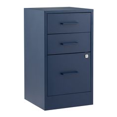 a blue filing cabinet with three drawers