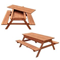 two wooden picnic tables with benches underneath them