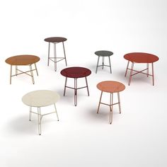 six tables with different colors and sizes on them, all in the same color scheme