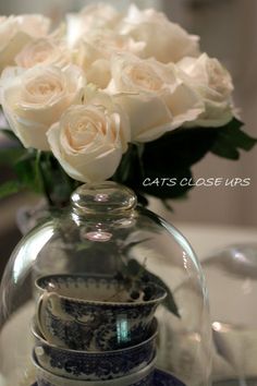 a vase with white roses in it sitting on a table