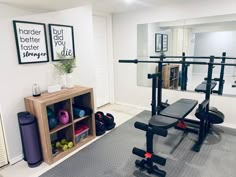 a home gym with exercise equipment in the background