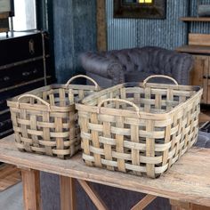 Tobacco Storage Baskets, Set of 2 Wall Basket Storage, Painted Fox Home, Baskets For Shelves, Wood Basket, Metal Baskets, Wood Display, Natural Wood Finish, Antique Farmhouse, Farmhouse Style Decorating