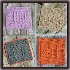 four crocheted coasters with the word love written on them