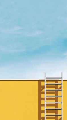 a ladder leaning against a yellow wall with a blue sky in the backgroud