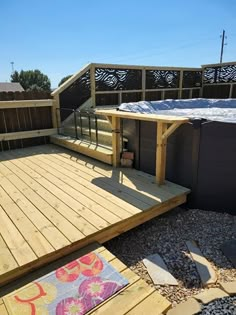 a hot tub sitting on top of a wooden deck