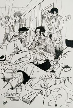 a black and white drawing of people sitting in a room with one person laying on the floor