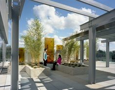 two people are standing in the middle of an outdoor space with trees and plants on either side