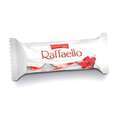 a bar of raffello on a white background with red flowers in the wrapper