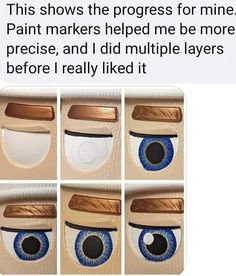 four pictures of blue eyes with brown tips and the caption reads, this shows the progress for mine paint markers helped me to more precision