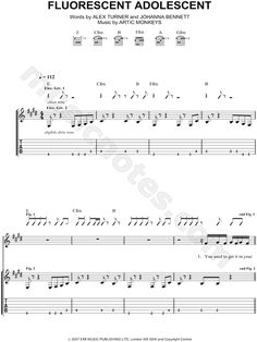 the sheet music for fluorescent adolescentscent, with notes and tabulas