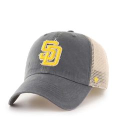 a gray and tan hat with the san diego college logo on it, against a white background