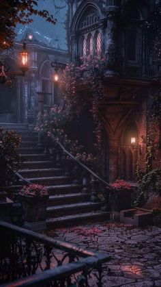 an old building with stairs leading up to it and flowers growing on the steps in front