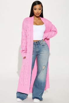 Baggy Fashion Outfits, Pink Cardigan Outfit, Baggy Fashion, Taupe Cardigan, Hot Pink Cardigan, Wide Leg Jeans Outfit, Long Cardigan Sweater, Sleepwear Fashion, Cardigan Sweater Coat