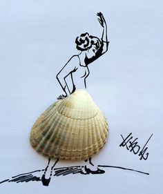 a drawing of a woman standing on top of a shell