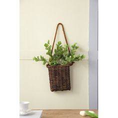 a basket hanging on the wall with plants in it and a cup next to it