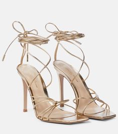 Metallic Leather Sandals in Gold - Gianvito Rossi | Mytheresa Golden Sandals, Hak Tinggi, Dr Shoes, Ankle Tie Sandals, Rossi Shoes, Gold Heels, Carrie Bradshaw, Dream Shoes, Metallic Leather