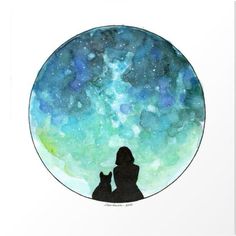 a watercolor painting of a woman and her cat looking at the stars in the sky