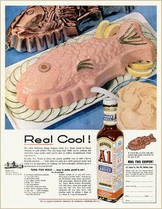 an ad for real cool with fish and sauces on the table in front of it