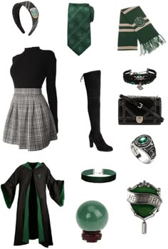 Slytherin Casual Outfits, Outfits For Hogwarts Dr, Slytherin Halloween Costume Women, Harry Potter Outfit Ideas Slytherin, Harry Potter Uniform Slytherin, Hogwarts Outfit Ideas, Hogwarts Slytherin Uniform