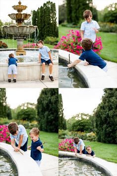 two young boys playing in the water at a fountain with their hands on each other