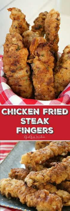 chicken fried steak fingers on a red and white checkered tablecloth with text overlay