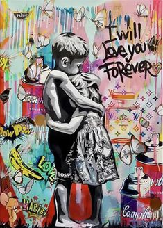 a painting of two children hugging in front of a wall with graffiti writing on it