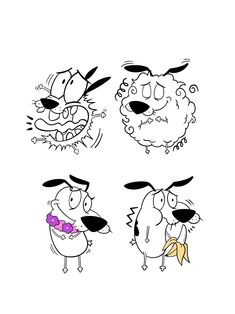 three cartoon dogs with different expressions on their faces