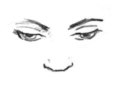 a black and white drawing of a woman's face with her eyes wide open