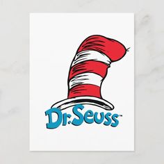 the cat in the hat dr seuss's logo on a white card with blue lettering