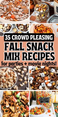 a collage of halloween snacks with the words crowd pleasing fall snack mix recipes for parties and movie nights