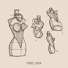 some drawings of different shapes and sizes of bottles with the words studio angge written on them