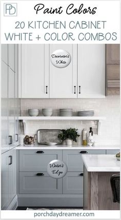 the kitchen cabinets are painted in white and color combos with text overlay that reads paint colors 20 kitchen cabinet, white + color combos