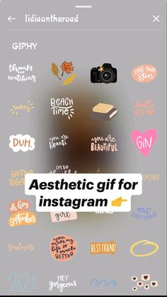 an image of the words aesthetic gift for instagramm on a gray background with colorful stickers