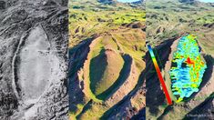 an aerial view of the mountains and land in different directions, with two pictures showing where they are located