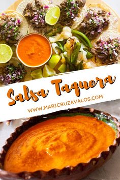 Photocollage of salsa taquera with text overlay. Mexican Salsa Recipes Authentic Tacos, Orange Taco Sauce, Taco Truck Red Sauce, Red Sauce For Tacos, Authentic Mexican Taco Sauce, Mexican Red Sauce For Tacos, Taco Truck Sauce, Salsa For Birria Tacos, La Victoria Taco Sauce Recipe