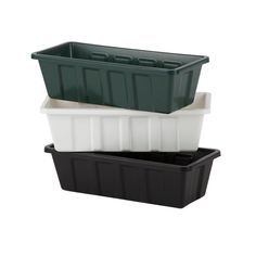 three plastic containers stacked on top of each other, one black and the other white