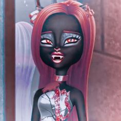 an animated doll with red hair and black eyes