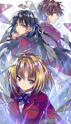 three anime characters standing next to each other in front of an abstract background with snowflakes