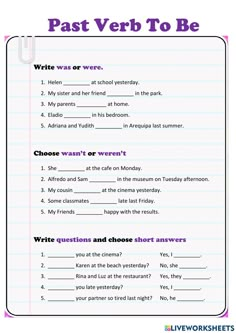 the past verb to be worksheet