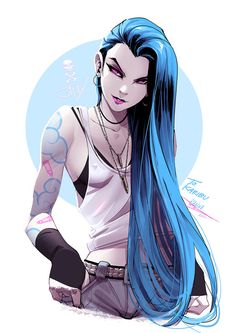 a drawing of a woman with blue hair and piercings on her arm, standing in front of a white background